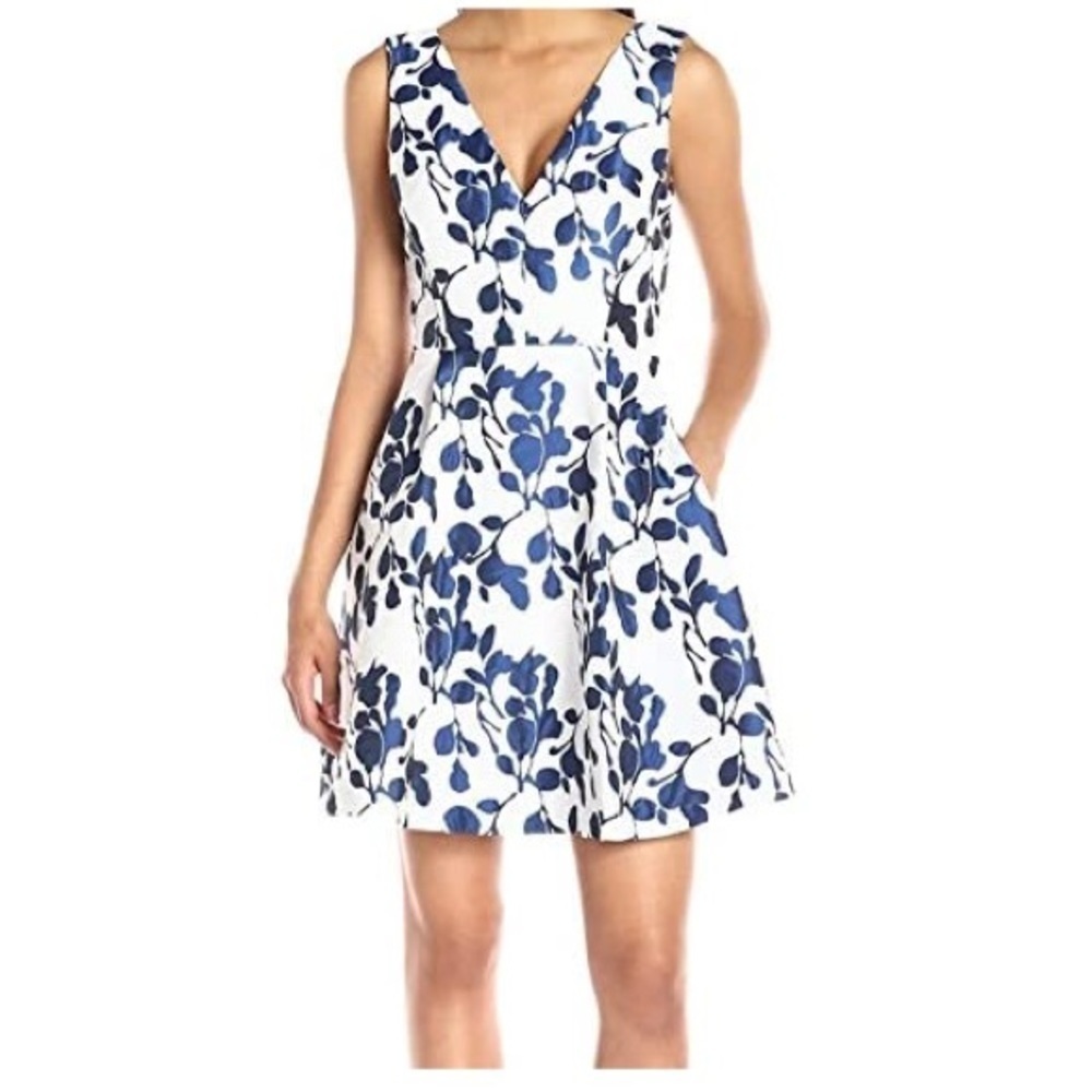 Betsey Johnson Fit & Flare Blue White V Neck Floral Mini Dress With Pockets